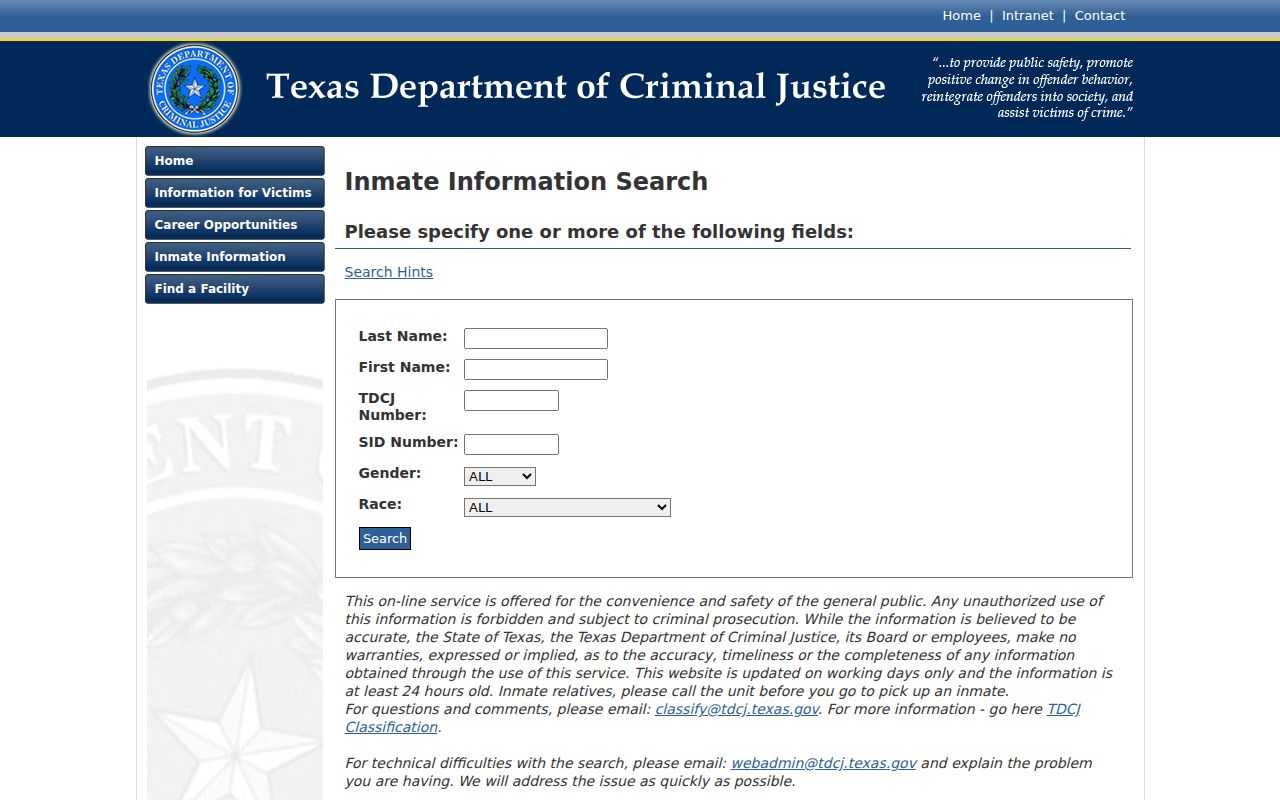 Houston County arrest lookup fallback through the TDCJ sentenced inmate search