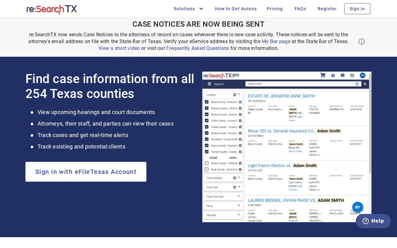 Houston County criminal court case research compared with re SearchTX